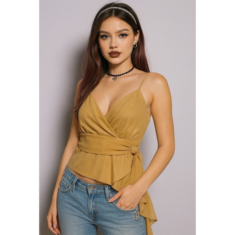 Studio 1940 Womens Blouse Top Babydoll Gold Spaguetti Straps Shimmery Y2K Party